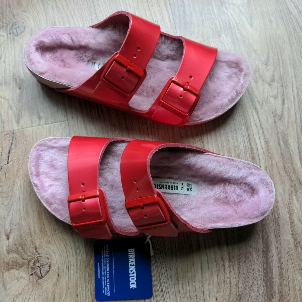Birkenstock Dark Pink-Red Arizona Sandals with Light Pink Shearling Footbed - Picture 6 of 14